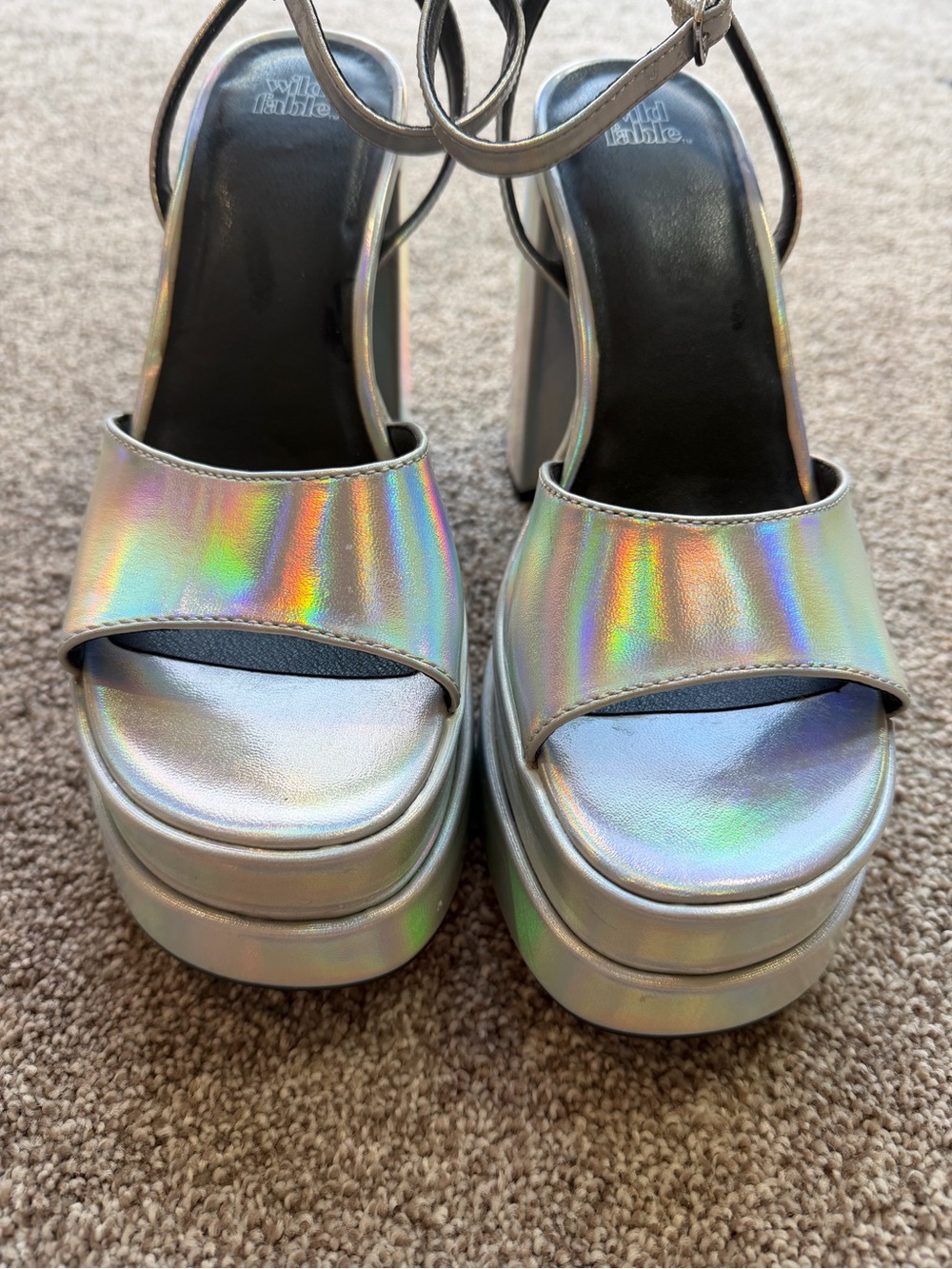 wild fable Iridescent Silver Metallic Holographic Platform Heel Sandals Y2K - Picture 4 of 13